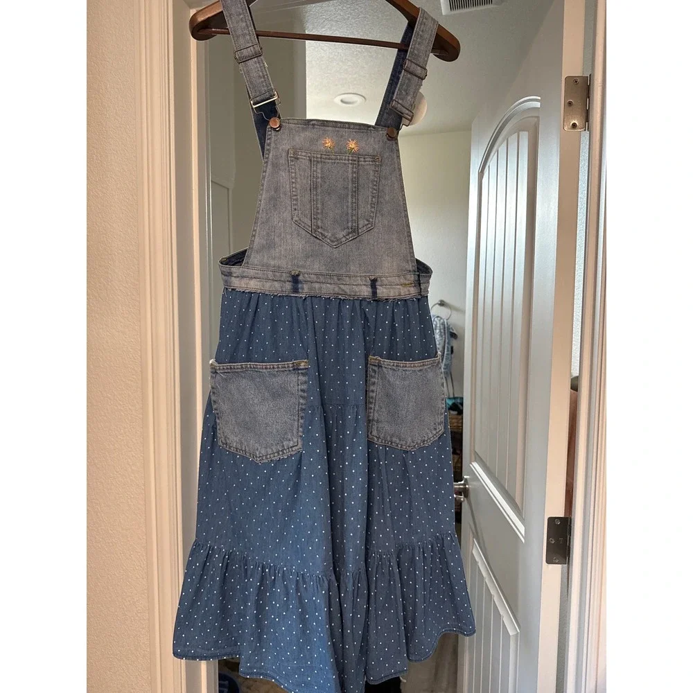 Upcycled Denim Prairie Overall Dress Cottagecore Boho Patchwork Midi Polka dot - Picture 2 of 6